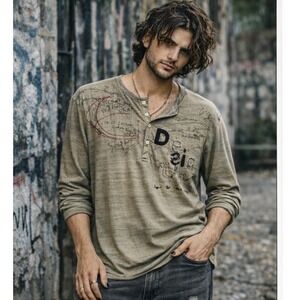Desigual Mens Long Sleeve Henley 2XL Grunge Y2K Skater Urban Soft Grunge Graphic